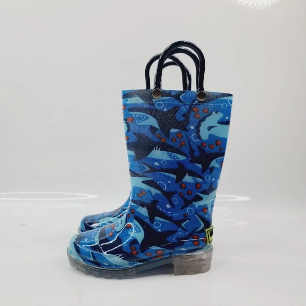 Western Chief Boy‎ Blue Shark Chase Lighting Rubber Handle Pull On Rain Boots 6